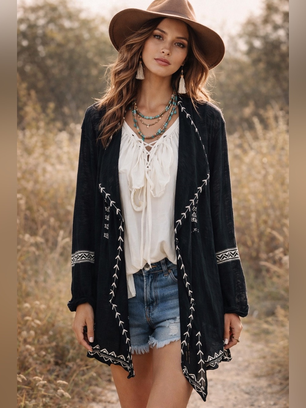 Black Embroidered Open Front Cardigan Boho Chic Size Large